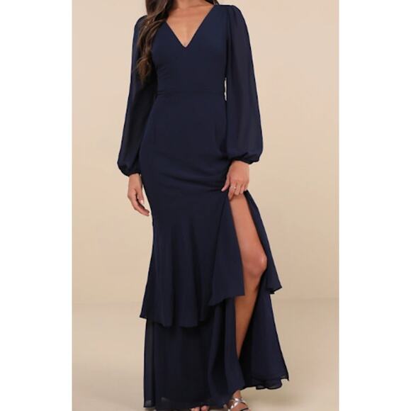 LULU'S XL Tier Elegance Navy Blue Long Sleeve bridesmaid Maxi Dress NEW B117 - Picture 1 of 10